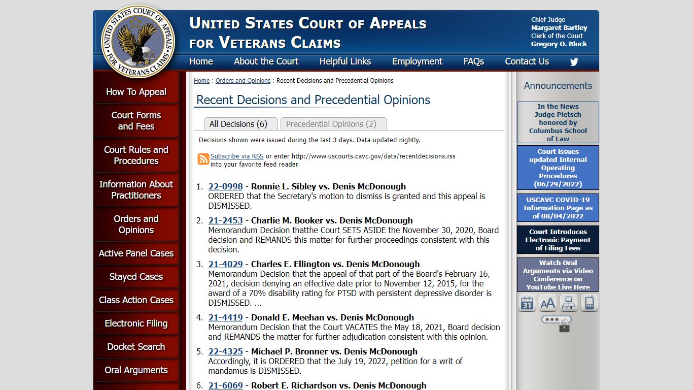 US Court of Appeals for Veterans Claims - Recent Decisions and ...